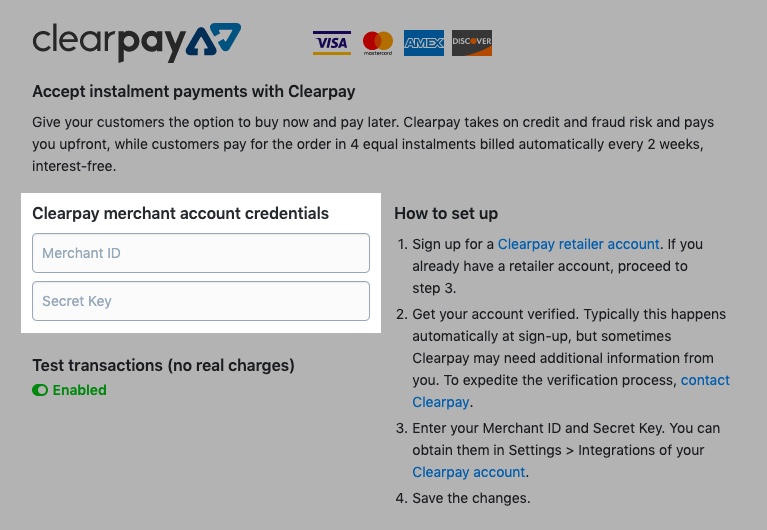 Clearpay merchant account credentials