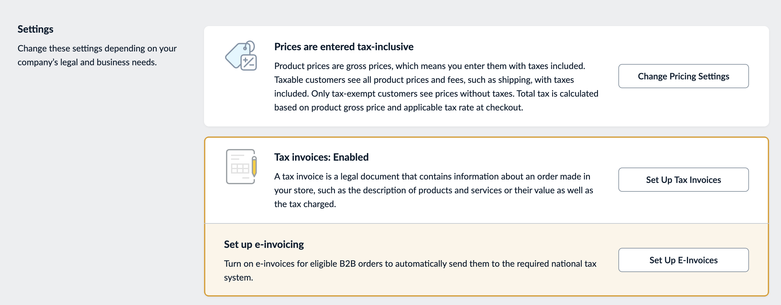 Tax invoices block with the Set Up E-Invoices button.png